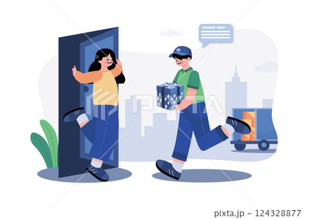 Delivery parcel to door. Courier presents box of recipient. Delivery parcel to door. Courier presents box of recipient. 124328877