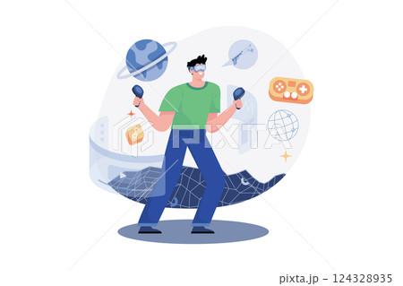 A man having fun playing metaverse VR virtual reality glasses 124328935