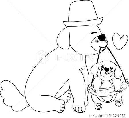 Father's Day Dog Dad Put on a hat and Baby coloring page Illustration in Cute Cartoon Flat Design 124329021