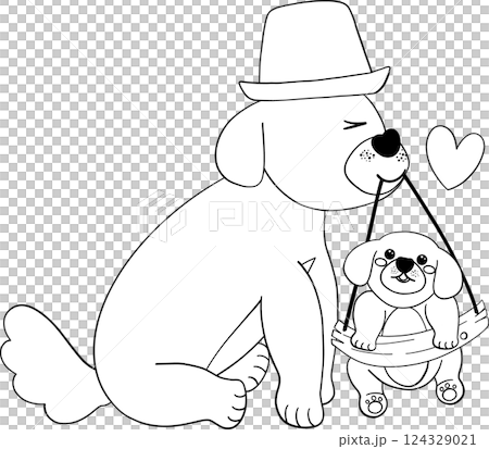 Father's Day Dog Dad Put on a hat and Baby coloring page Illustration in Cute Cartoon Flat Design 124329021