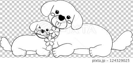 Mother's Day dog mom and Puppy holding a flower cartoon illustration in coloring page 124329025