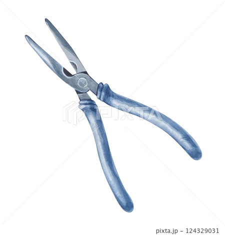 Watercolor illustration of blue pliers is hand-drawn. Men's repair tool on a white background. Clipart. An object for business cards, wallpaper, and packaging 124329031