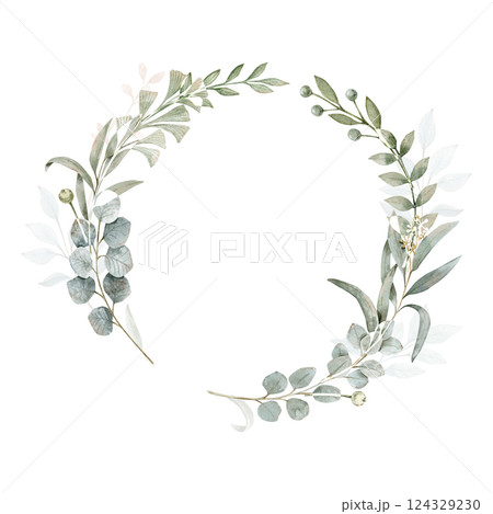 Watercolor hand drawn frame with a eucalyptus branchesand branches with berries on a savage green color. Watercolor hand drawn frame with a eucalyptus branchesand branches with berries on a savage green color. 124329230
