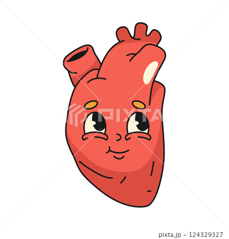 Heart organ with facial expression. Vector retro icon of character for love symbol or loving emotion emblem. Anthropomorphic sign with facial expression for anatomy and healthy lifestyle. Pop art. 124329327