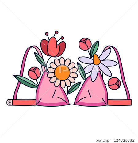 Female bra with flowers. Vector underwear or intimate wear. Lingerie with floral elements. Symbol of femininity and lady beauty, girl comfort and women fashion. Apparel and romantic boutique branding Female bra with flowers. Vector underwear or intimate wear. Lingerie with floral elements. Symbol of femininity and lady beauty, girl comfort and women fashion. Apparel and romantic boutique branding 124329332