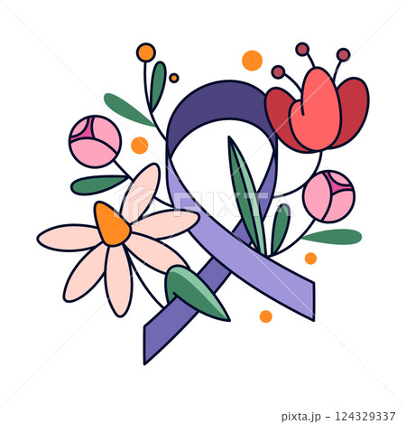 Vector card with purple ribbon and flowers. 4th february poster or World cancer day illustration. Female or lady, girl or woman support campaign. Health care, disease prevention. Female Selfcare. Vector card with purple ribbon and flowers. 4th february poster or World cancer day illustration. Female or lady, girl or woman support campaign. Health care, disease prevention. Female Selfcare. 124329337