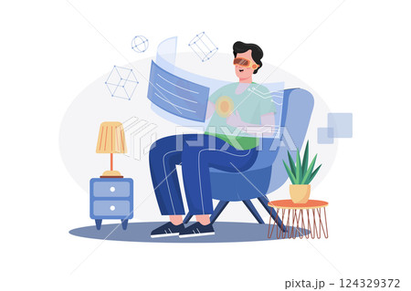 Man Using Leisure Time Enjoying Wearing VR Glasses 124329372