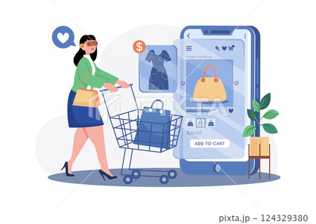 Lady Doing Online Shopping Using VR Glasses 124329380