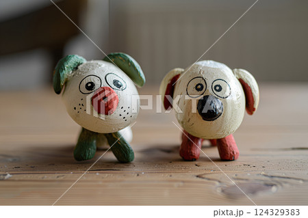 木工でできたおかしな2匹のわんこのオブジェ 124329383