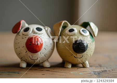 木工でできたおかしな2匹のわんこのオブジェ 124329384