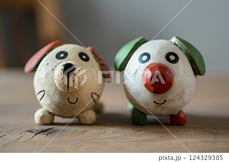 木工でできたおかしな2匹のわんこのオブジェ 木工でできたおかしな2匹のわんこのオブジェ 124329385