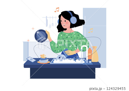 Women Listen To The Podcast While Washing Dishes 124329455