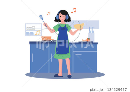 Women Listening To The Podcast While Cooking 124329457