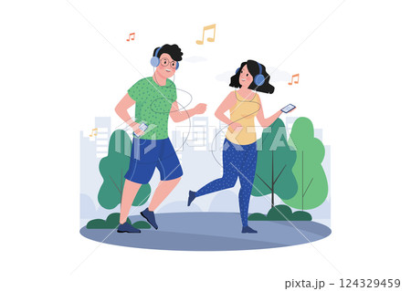Couple Listening To The Podcast While Jogging In The Park 124329459