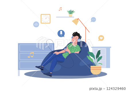 Man Sitting On The Sofa And Listening To The Podcast 124329460