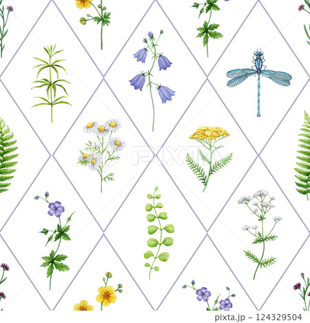 Wild flowers seamless pattern tile vintage style watercolor hand drawn illustration. Hand drawn blue bell flower, chamomile, buttercup, fern leaves and green grass elements on white background 124329504