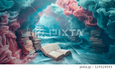 A surreal library with floating books surrounded by colorful mist, creating a dreamlike atmosphere. Generative AI A surreal library with floating books surrounded by colorful mist, creating a dreamlike atmosphere. Generative AI 124329543