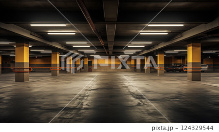 Brightly lit empty parking garage with yellow columns, concrete flooring background. Generative AI Brightly lit empty parking garage with yellow columns, concrete flooring background. Generative AI 124329544