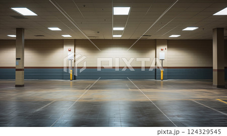 Brightly lit empty parking garage with yellow columns, concrete flooring background. Generative AI Brightly lit empty parking garage with yellow columns, concrete flooring background. Generative AI 124329545