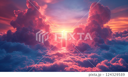 Open door to the clouds, surreal background filled with light and color. Generative AI 124329589
