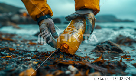 Collecting trash on the beach while wearing gloves to protect the environment. Generative AI 124329746
