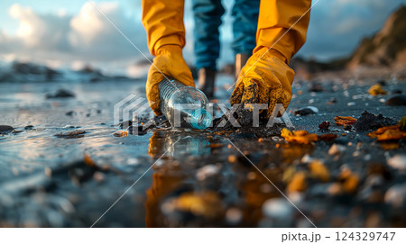 Collecting trash on the beach while wearing gloves to protect the environment. Generative AI 124329747