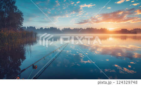 Lakeside fishing at sunrise with mist over calm waters. Generative AI 124329748
