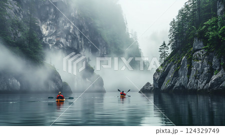 Kayaking through misty fjords with vibrant yellow kayaks on calm waters. Generative AI 124329749