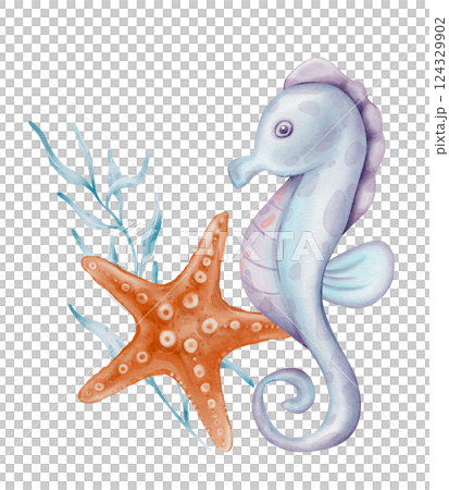 Cute seahorse with algae and a starfish. Underwater Animal. Hand drawn watercolor illustration of undersea life for nursery, wall sticker, baby shower, book. Hand drawn small tropical seahorse fish. Cute seahorse with algae and a starfish. Underwater Animal. Hand drawn watercolor illustration of undersea life for nursery, wall sticker, baby shower, book. Hand drawn small tropical seahorse fish. 124329902