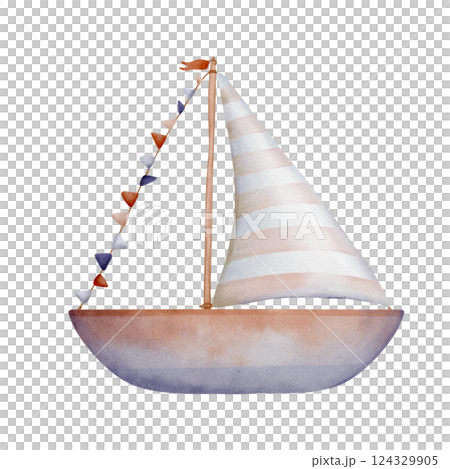 Watercolor illustration sailboat. Hand drawn flair sea boat with multicolor flags and beige striped isolated on background for babes production. Sketch of Boat or Sailing ship for childish design 124329905