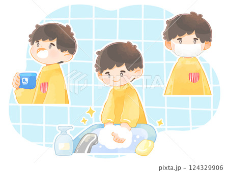手洗いうがいとマスクをする子供のイラストセット 白フチあり 手洗いうがいとマスクをする子供のイラストセット 白フチあり 124329906