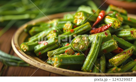 Bamya, Turkish traditional food. (Turkish cuisine) Homemade Food Okra in Plate 124329987