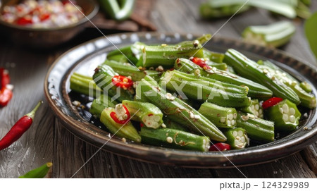 Bamya, Turkish traditional food. (Turkish cuisine) Homemade Food Okra in Plate 124329989