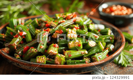 Bamya, Turkish traditional food. (Turkish cuisine) Homemade Food Okra in Plate 124329991