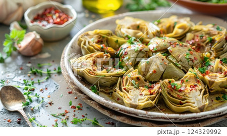 Homemade Greek artichoke dish served on a round platter with a serving spoon. 124329992