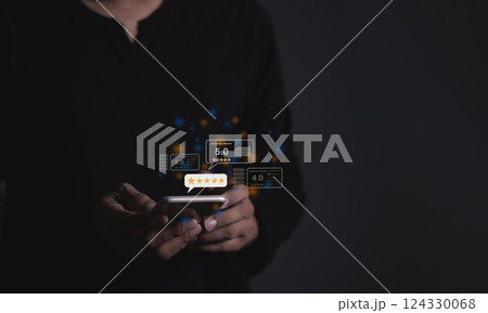 Young Man hand holding Smart Phone with five star to review and give 5 stars Young Man hand holding Smart Phone with five star to review and give 5 stars 124330068