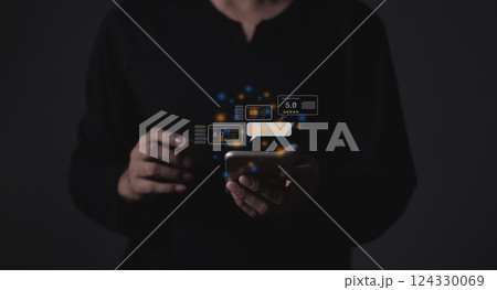 Young Man hand holding Smart Phone with five star to review and give 5 stars Young Man hand holding Smart Phone with five star to review and give 5 stars 124330069