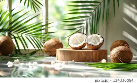 Fresh coconuts arranged artistically in a bright tropical setting. Generative AI 124330084