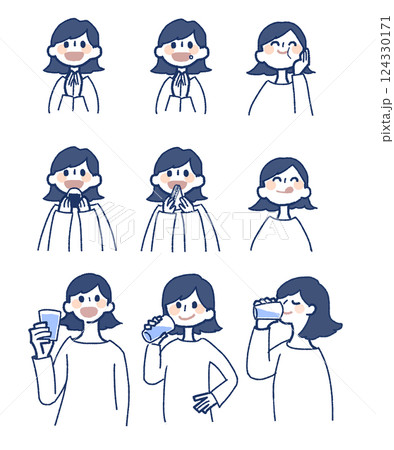 ごはんを食べたり、水を飲んだり、いただきますやごちそうさまをしている女性 124330171
