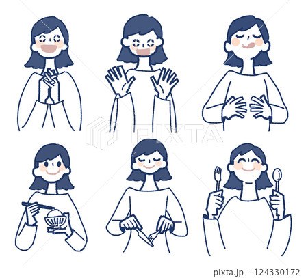 女性が箸と茶碗、ナイフとフォーク、スプーンとフォークを持っていたり、目をキラキラさせている 女性が箸と茶碗、ナイフとフォーク、スプーンとフォークを持っていたり、目をキラキラさせている 124330172