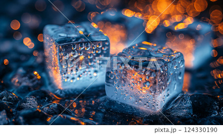 Illuminated ice cubes stacked on top of each other on dark background. Generative AI 124330190
