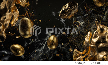 Golden Easter eggs on black background, Easter luxury concept background. Generative AI 124330199