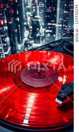Red vinyl record spins on turntable with vibrant red lighting, retro background. Generative AI Red vinyl record spins on turntable with vibrant red lighting, retro background. Generative AI 124330244