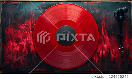Red vinyl record spins on turntable with vibrant red lighting, retro background. Generative AI Red vinyl record spins on turntable with vibrant red lighting, retro background. Generative AI 124330245