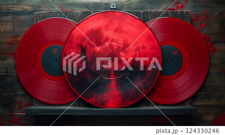 Red vinyl record spins on turntable with vibrant red lighting, retro background. Generative AI Red vinyl record spins on turntable with vibrant red lighting, retro background. Generative AI 124330246