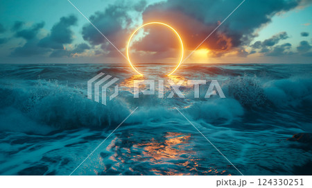 Golden sunrise emerges over tranquil ocean waves at dawn with vibrant clouds. Generative AI Golden sunrise emerges over tranquil ocean waves at dawn with vibrant clouds. Generative AI 124330251