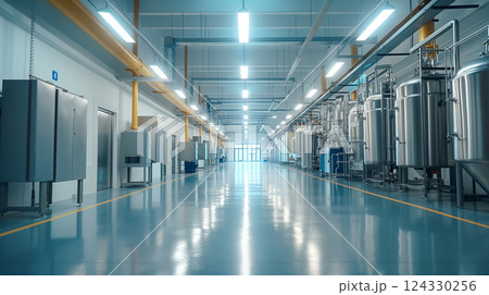 A spacious industrial warehouse interior with bright lighting and clean floors. Generative AI 124330256