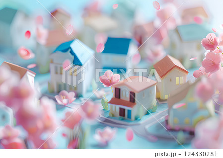 桜の舞う可愛い街並み（3D） 124330281