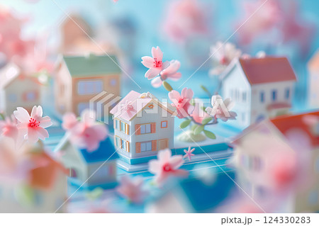 桜の舞う可愛い街並み(3D) 桜の舞う可愛い街並み(3D) 124330283