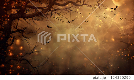 Beautiful festive background for Halloween with pumpkins. AI Generated 124330299